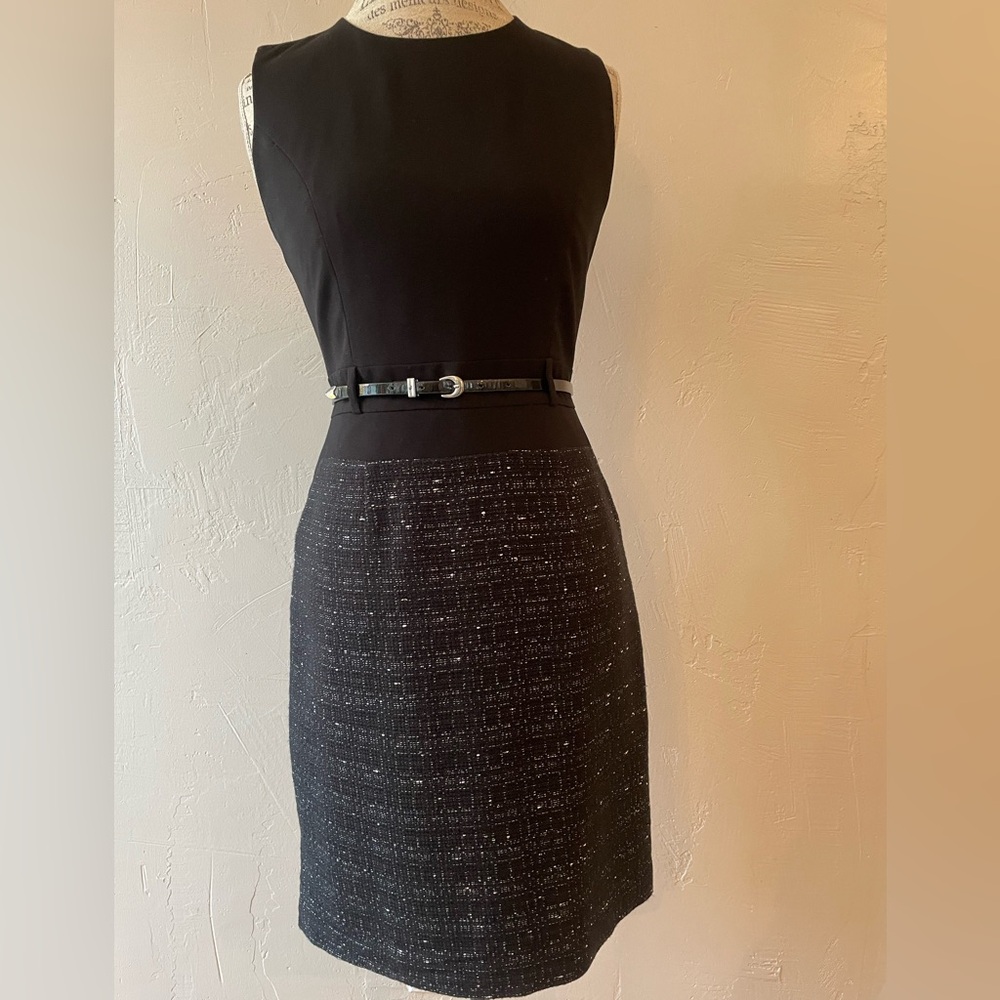 Calvin Klein Black Belted Sheath Dress with Metallic Threaded Boucle Skirt